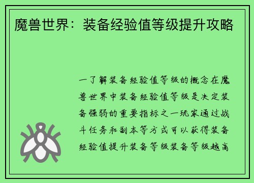 魔兽世界：装备经验值等级提升攻略